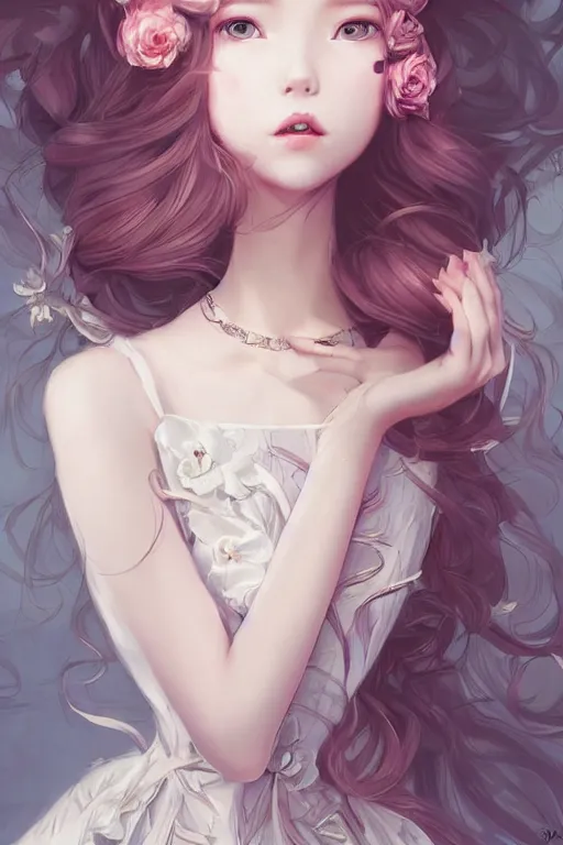 Image similar to romantic and fashion and love princess of the flower with sheath dress, 8 k realistic, teenager girl, baroque, symmetrical, flowing hair, smile, trending pinterest and pixiv, muted colors, hyperrealistic, l close up shot, character concept art, face by kyoung hwan kim, alexandra fomina, ilya kuvshinov