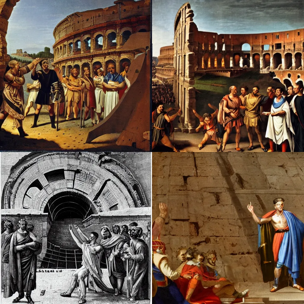 Prompt: Julius Caesar watches the launch of the first Roman space rocket at the Colosseum,