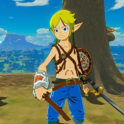 Image similar to a screencap of the legend of zelda breath of the wild, of one piece's luffy in breath of the wild