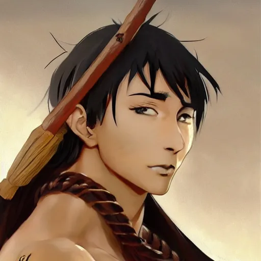 Image similar to A realistic anime portrait of a young handsome male with middle eastern skin wearing 1500 BCE clothing, wooden rod, colored, digital painting, by Frank Frazetta and Yusuke Murata, concept art, highly detailed, promotional art, HD, digital painting, trending on ArtStation, golden ratio, rule of thirds