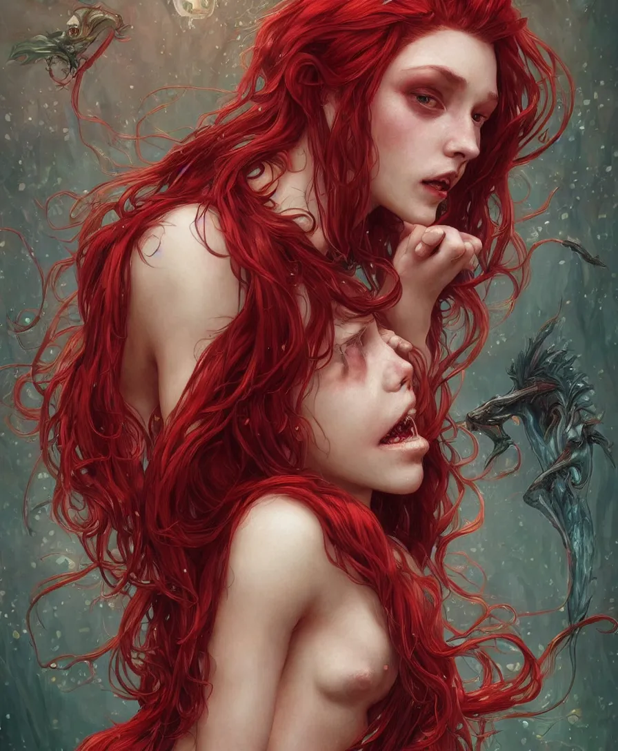 Prompt: Hyperrealistic close-up portrait of zombie mermaid young woman with red hair, D&D, fantasy, intricate, elegant, highly detailed, digital painting, artstation, concept art, smooth, sharp focus, illustration, art by artgerm and greg rutkowski and alphonse mucha