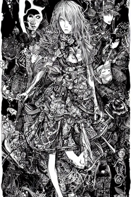 Prompt: Punk Alice in wonderland tarot card , pen and ink, intricate line drawings, by Yoshitaka Amano, Ruan Jia, Kentaro Miura, Artgerm, watercolor