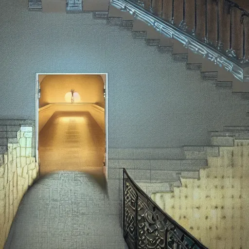 Prompt: A stunningly beautiful award-winning 8K dutch angle cinematic movie photograph looking up a staircase toward the room of the first female Catholic priest possessed by a demon. perfect composition, moody low key. Color palette from Seven, greens yellows and reds. 2 point perspective. Octane render