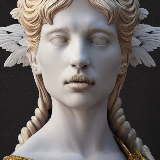 Image similar to high quality smooth render of statue of angel, made of white marble with gold veins, on the dark magenta background, hyper realistic, hyper detailed, by johannen voss, by peter kemp, by monia merlo, by michelangelo, octane render, vivid colors