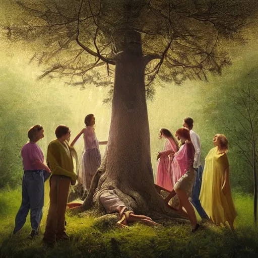 Prompt: A beautiful painting of a group of people gathered around a large tree in a forest. The tree is surrounded by a bright light, and the people appear to be looking up at it in wonder. dandelion by Sacha Goldberger