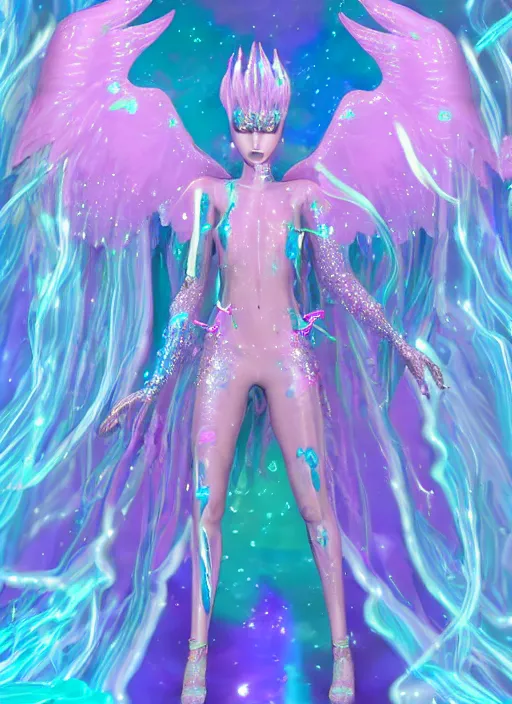 Image similar to a suited angel spirit being, covered with pastel glitter glue slime, fashion model pose, full body maximalist cosmic eldritch character design, early computer graphics