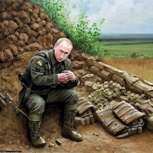 Image similar to Putin is sitting in the trenches and defending himself from Ukrainian troops, hyperrealism
