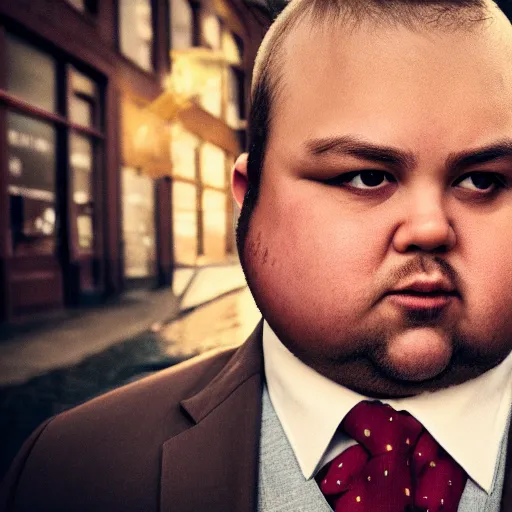 Image similar to Close up portrait of a chubby man wearing a brown suit and necktie with a bakery the background. Photorealistic. Award winning. Dramatic lighting. Intricate details. UHD 8K. He looks guilty.