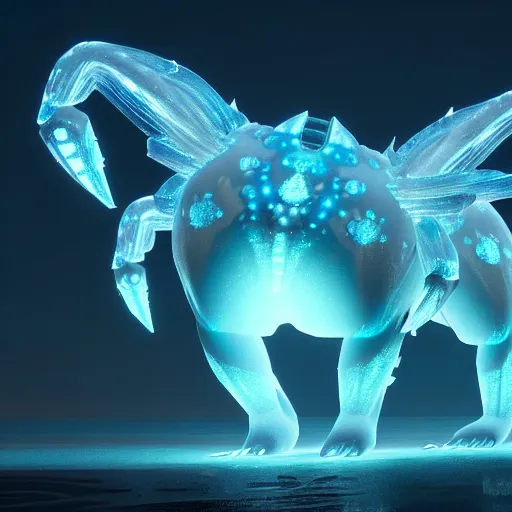 Image similar to ( ice pokemon ) creature creature in a alaska, bioluminescent bioluminescent translucent translucent : : by michal karcz, daniel merriam, victo ngai and guillermo del toro : : ornate, dynamic, particulate, intricate, elegant, highly detailed, centered, artstation, smooth, sharp focus, octane render, 3 d