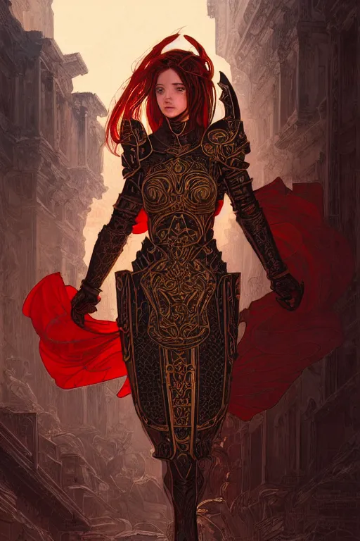 Image similar to portrait knights of Zodiac girl, metallic black and red color reflected armor, in ruin Agora of Athens sunset, ssci-fi, fantasy, intricate, natural atmosphere, cinematic lighting, elegant, golden light, highly detailed, digital painting, concept art, smooth, sharp focus, illustration, art by tian zi and loish and greg rutkowski and alphonse mucha and WLOP