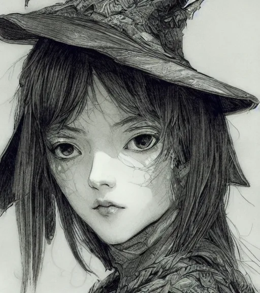 Image similar to portrait of anime woman wearing witch hat, pen and ink, intricate line drawings, by craig mullins, ruan jia, kentaro miura, greg rutkowski, loundraw