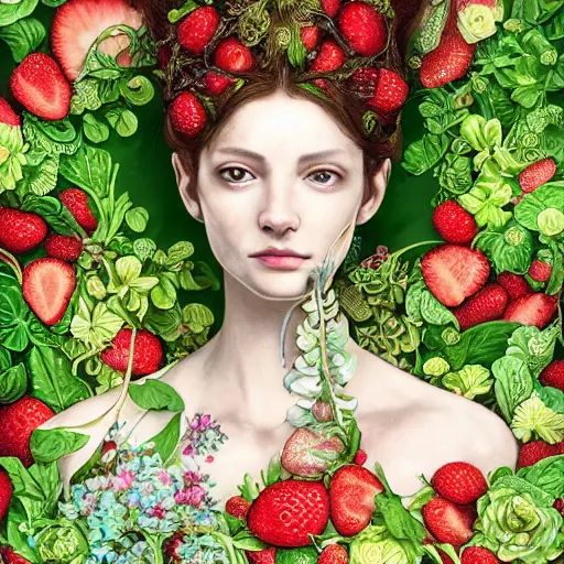 Image similar to the portrait of an absurdly beautiful, graceful, elegant, sophisticated woman made of strawberries and green petals, an ultrafine hyperdetailed illustration by kim jung gi, irakli nadar, romanticism, intricate linework, bright colors, octopath traveler, final fantasy, unreal engine 5 highly rendered, global illumination, radiant light, detailed and intricate environment