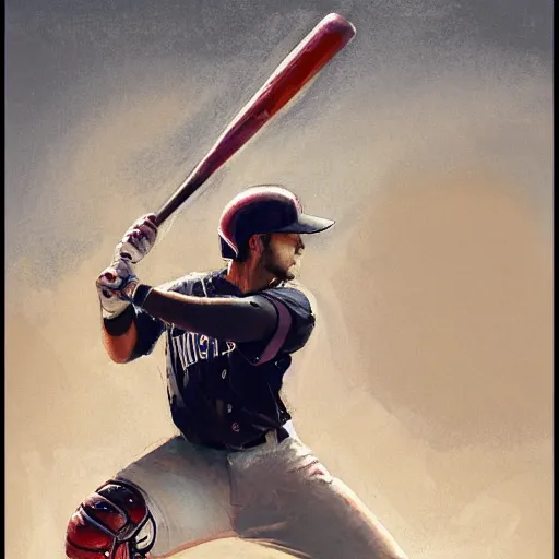 Image similar to baseball player hitting the ball with the baseball bat in the middle of the game and in front of everyone in the stadium, james gurney painting style, greg rutkowski, artstation