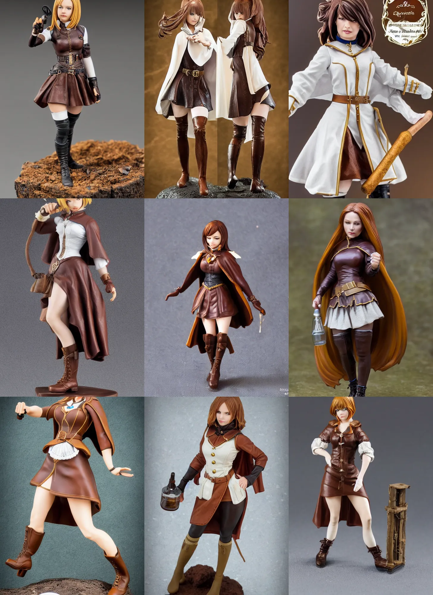 Prompt: 80mm resin detailed miniature of a female alchemist with short brown hair wearing a short dress, white stockings, high-detailed leather boots and cape, Product Introduction Photos, 4K, Full body