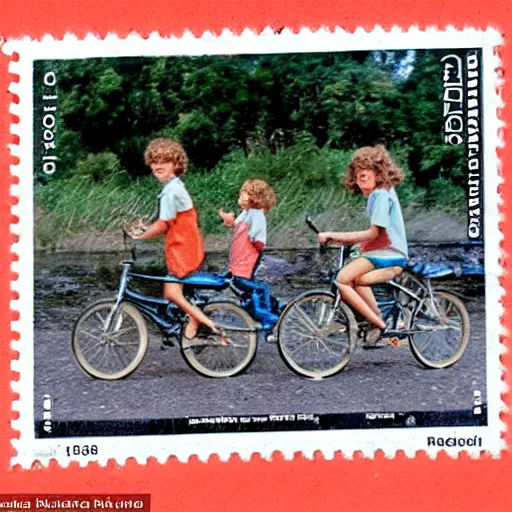 Image similar to realistic photograph from the 1980's of kids riding bikes in Australia near a river carrying a stamp collection with a speech bubble saying yeeeee!