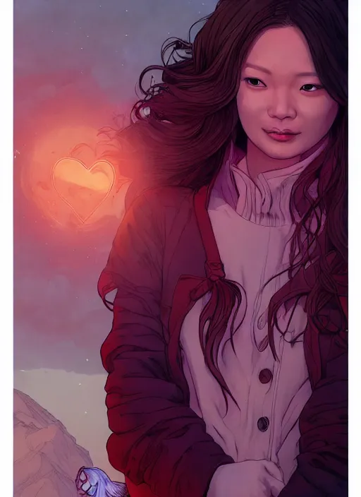 Image similar to portrait of jeon so min, falling in love, glowing with heart aura. sharp focus, cinematic pose, cinematic lighting, unreal engine render. art by josan gonzales and moebius and deathburger.