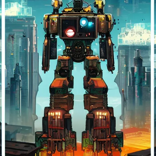 Image similar to a giant robot corpse that was repurposed into a booming city, set in the distant future, steampunk, cyberpunk, warm lights, anime, vhs distortion