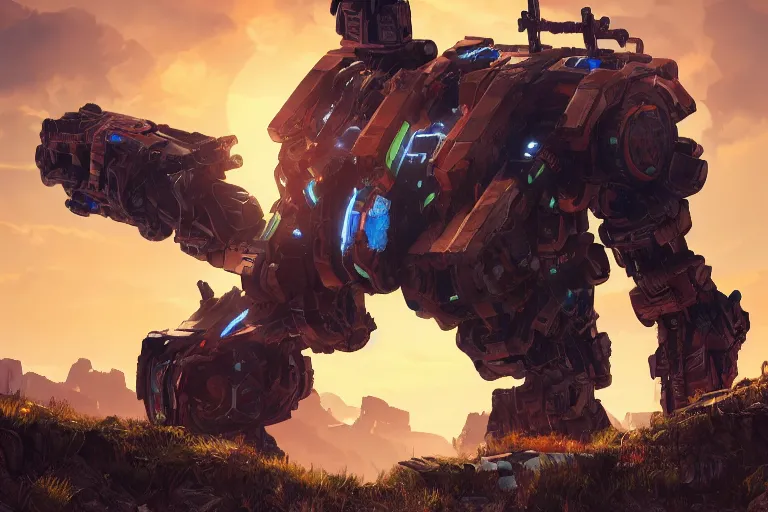 Image similar to rockbreaker machine mecanical creature robot of horizon forbidden west horizon zero dawn radiating a glowing aura global illumination ray tracing hdr fanart arstation by ian pesty and alena aenami artworks in 4 k