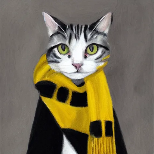 Image similar to oil painting wide shot from below of a white and grey tabby cat wearing a black yellow striped hufflepuff scarf, in front of hogwarts castle, digital painting, high detail, award-winning, playful, deep focus, realistic, hyperrealistic, magical