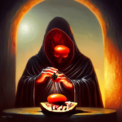 Image similar to a hooded cultist is stabbing a tomato placed on an altar, in front of a stone statue of a forgotten god, by patrick mcenvoy and michael komarck and fantasy flight, incredible quality, trending on artstation