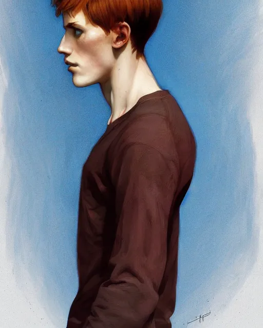 Prompt: symmetry!! portrait of tall, thin, 1 5 - year - old boy with a long nose, a lot of freckles, fiery red hair, and bright blue eyes, highly detailed, digital painting, artstation, concept art, smooth, sharp focus, illustration, art by artgerm and greg rutkowski and alphonse mucha