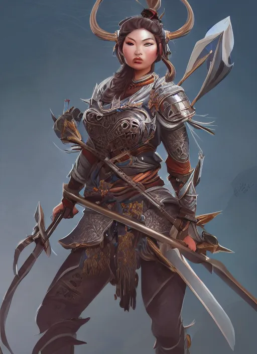 Prompt: a highly detailed illustration of fierce mongol warrior woman with bow, heroic shooting bow pose, perfect face, intricate, elegant, highly detailed, centered, digital painting, artstation, concept art, smooth, sharp focus, league of legends concept art, wlop.