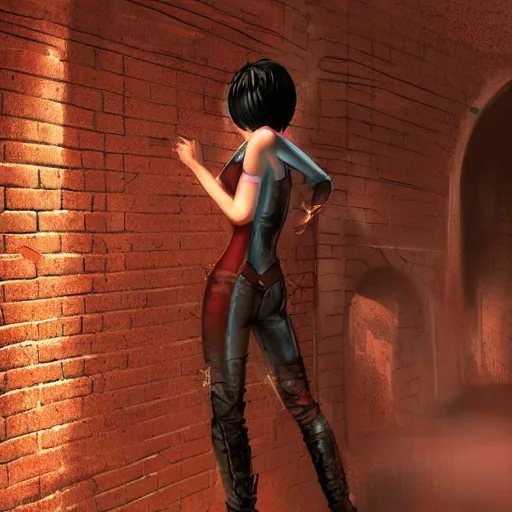 Prompt: a boy victim being intimidated by a succubus in a leather suit, devi wings, cracked brick wall, long hallway, light at the end of the tunnel, volumetric lighting, concept art, detailed, dramatic lighting, by hayao miyazaki