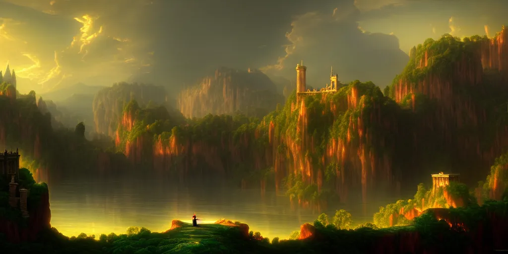 Prompt: a gorgeous landscape from castlevania, in the style of thomas cole and pixar. beautiful beyond imagination! enchanting, mysterious, alluring, dreamy. hyperrealism, high detail 8 k, smooth gradient cgi, path tracing, trending on artstation