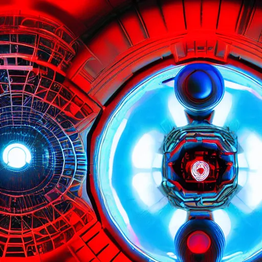 Prompt: interior of alien laboratory with strange device at the center of a room, eerie blue and red colors, photo, 4 k