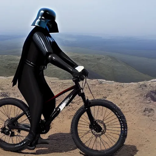 Prompt: darth vader riding a mountain bike through an active volcano