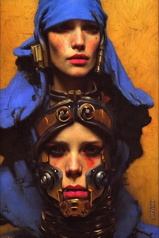 Image similar to full character portrait max mad cyberpunk warhammer 4 0 k, medic sapper not the girl with the pearl earring character design, painting by gaston bussiere, katsuya terada, nc wyeth, greg rutkowski, craig mullins, vermeer, frank frazetta, mucha, tom of finland, trending on artstation, by norman rockwell