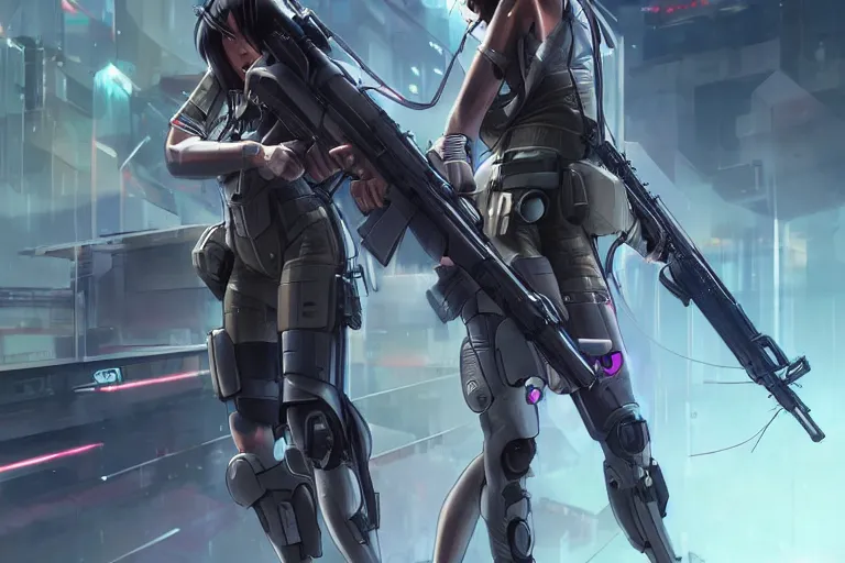 Prompt: young female japanese sniper holding a railgun sniper rifle, neon, cyberpunk, futuristic, full cybernetic combat suit, helmet visor up, stunning, highly detailed, digital painting, smooth, soft focus, illustration, ghost in the shell, 4 k digital art from artstation by artgerm and greg rutkowski and alphonse mucha