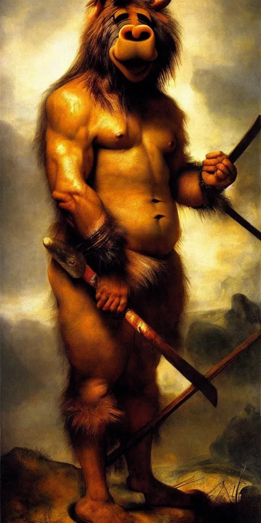 Prompt: oversized alf as muscular barbarian , strong sun backlight sunrays body , extreme very textured detailed portrait oil painting by rembrandt, dramatic clouds and atmosphere