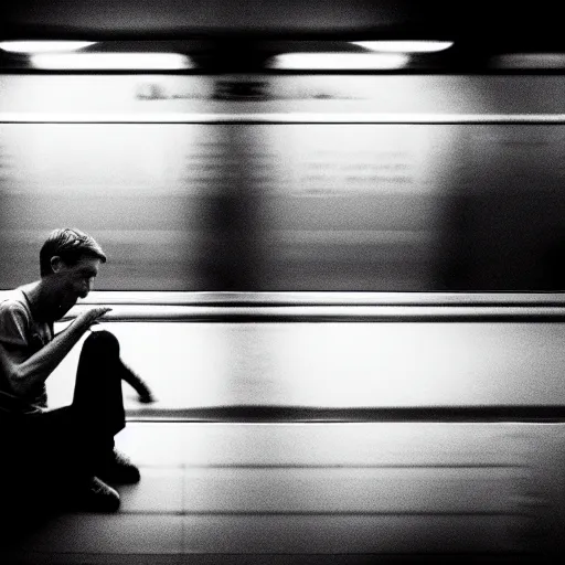 Prompt: tony hawk with no legs crying on a subway train, photograph, emotional lighting, moody shadows, 4 k
