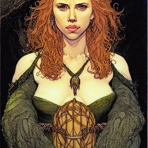 Image similar to a realistic, very beautiful and atmospheric portrait of scarlett johansson as a druidic warrior wizard looking at the camera with an intelligent gaze by rebecca guay, michael kaluta, charles vess and jean moebius giraud