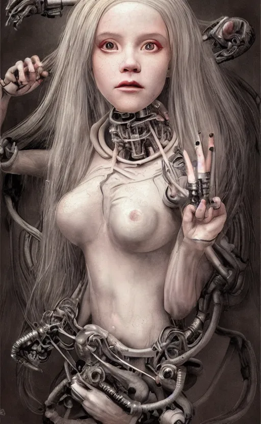 Image similar to Belle Delphine is a bio mechanical cyborg post human, physically accurate, very dramatic dynamic lighting, intricate, very very elegant, highly detailed, digital painting, artstation, very hyperrealistic, very very very HR GIGER, very beautiful, Hieronymus Bosch, Francis Bacon, concept art, smooth, sharp focus, illustration, art by artgerm and greg rutkowski and alphonse mucha