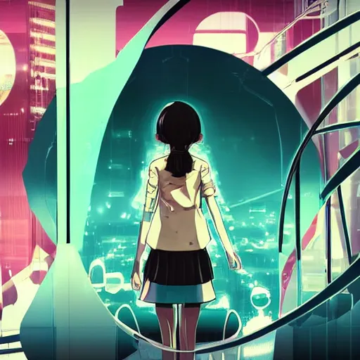 Image similar to Frequency indie album cover, luxury advertisement, white, indigo and teal colors. highly detailed post-cyberpunk sci-fi close-up schoolgirl in asian city in style of cytus and deemo, mysterious vibes, by Ilya Kuvshinov, by Greg Tocchini, nier:automata, set in half-life 2, beautiful with eerie vibes, very inspirational, very stylish, with gradients, surrealistic, postapocalyptic vibes, depth of filed, mist, rich cinematic atmosphere, perfect digital art, mystical journey in strange world, bastion game, arthouse