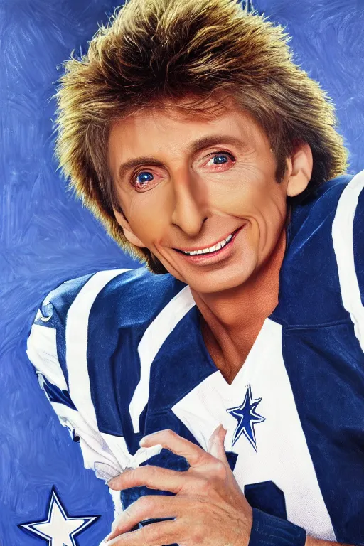Image similar to Barry Manilow as the Quarterback of the Dallas Cowboys, oil on canvas, intricate, portrait, 8k highly professionally detailed, HDR, CGsociety