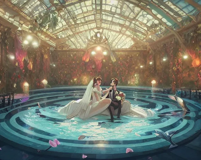 Image similar to a wedding in a swimming pool, photography of kurzgesagt, deep focus, d & d, fantasy, intricate, elegant, highly detailed, digital painting, artstation, concept art, matte, sharp focus, illustration, hearthstone, art by artgerm and greg rutkowski and alphonse mucha