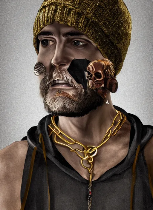 Prompt: portrait of a lithuanian man wearing a skull beanie and sleeveless hoodie, gold necklace, highly detailed, realistic, studio quality, studio photo, studio lighting, trending on artstation, sharp focus