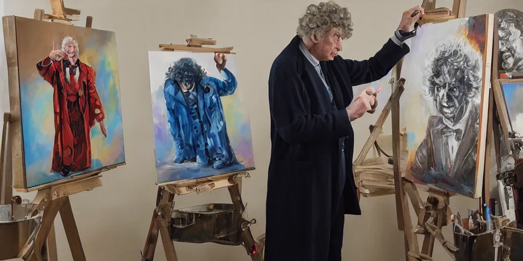 Prompt: tom baker, stands at a his easel, dressed as doctor who, paints portraits of davros, daleks and cyber men, soft focus, long exposure