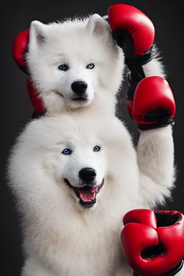 Prompt: samoyed dog head on a human body as a muay thai kickboxer, gloves on hands, cinematic lighting, film still