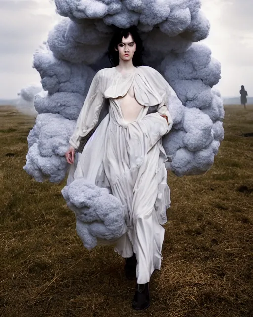 Prompt: natasha wearing an outfit made from clouds, at new york fashion week, lush black hair, average physique, freckled pale skin, eastern european, photo by steve mccurry and greg rutkowski, stage lighting, female beauty, intricate detail, risque fashion, elegance, 3 5 mm, depth of field, masterpiece