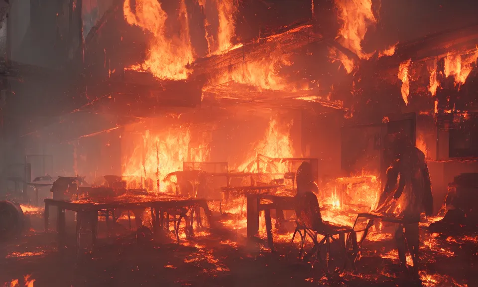 Image similar to a man work in hot hell office with burning desks and chairs, local close up, featured in artstation, octane render, intricate, ultra detailed, fantasy, concept art, sharp focus, illustration, 8 k