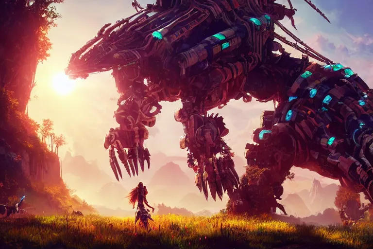 Image similar to bristleback machine mecanical creature robot of horizon forbidden west horizon zero dawn radiating a glowing aura global illumination ray tracing hdr fanart arstation by ian pesty and alena aenami artworks in 4 k