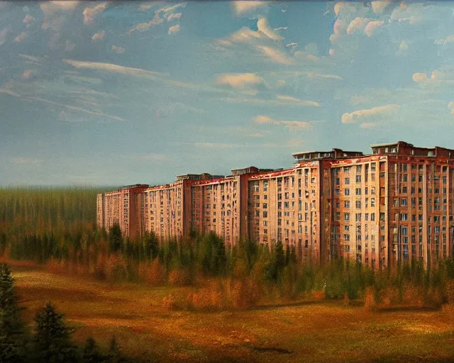 Image similar to beautiful matte painting of cute soviet block of flats hrushevka in end of forest by ivan shishkin, artstation, cinestill