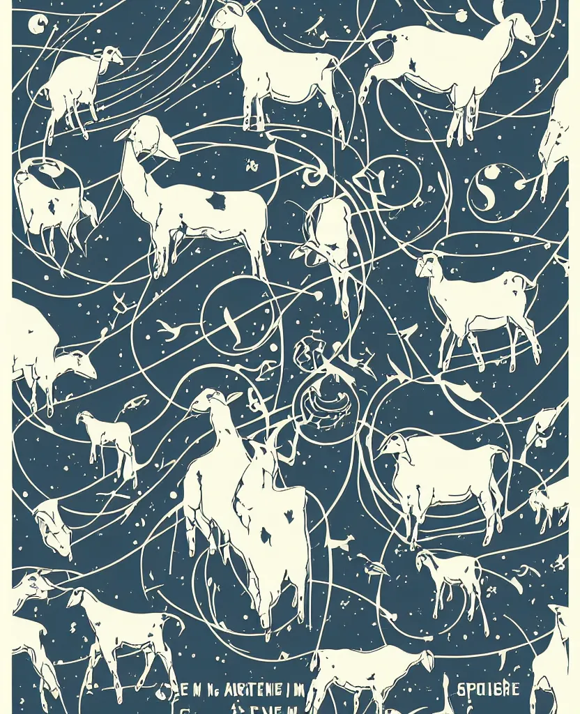 Image similar to goats in space!! art nouveau vector graphic poster!, grunge retro,