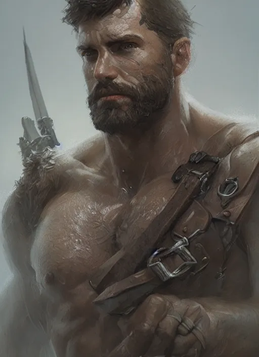 Image similar to portrait of a rugged ranger, muscular, upper body, hairy torso, D&D, fantasy, intricate, elegant, highly detailed, digital painting, artstation, concept art, smooth, sharp focus, illustration, art by greg rutkowski