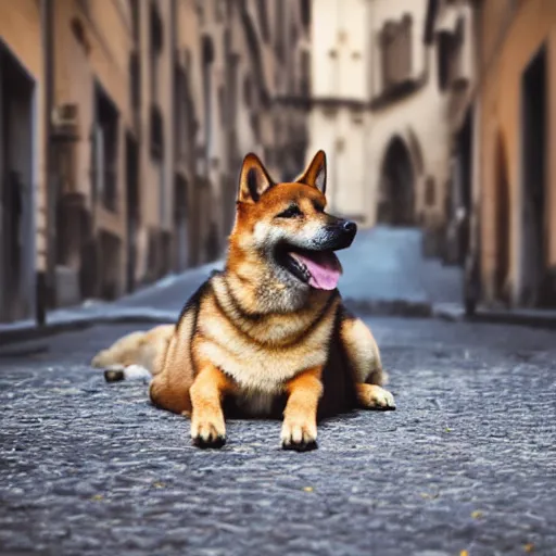 Prompt: shiba inu german shepherd mix dog lying on the street in ancient florence, high quality digital art, cinematic lighting, moody lighting