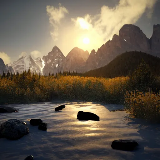 Prompt: dark solar eclipse, small in size, rocky mountains, highly detailed, photorealistic shot, bright studio setting, studio lighting, crisp quality and light reflections, unreal engine 5 quality render